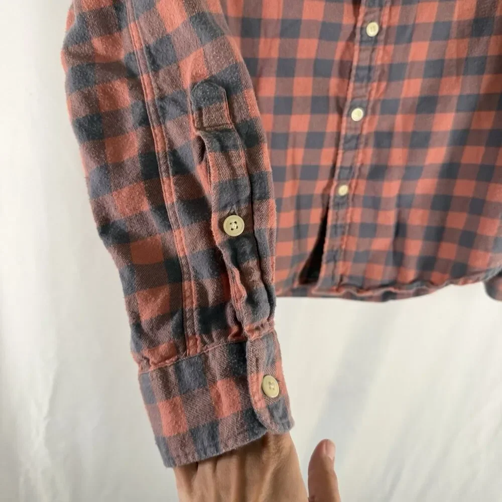 J Crew Flannel Slim Fit Button Down Shirt Men's Medium Orange Plaid Long Sleeve